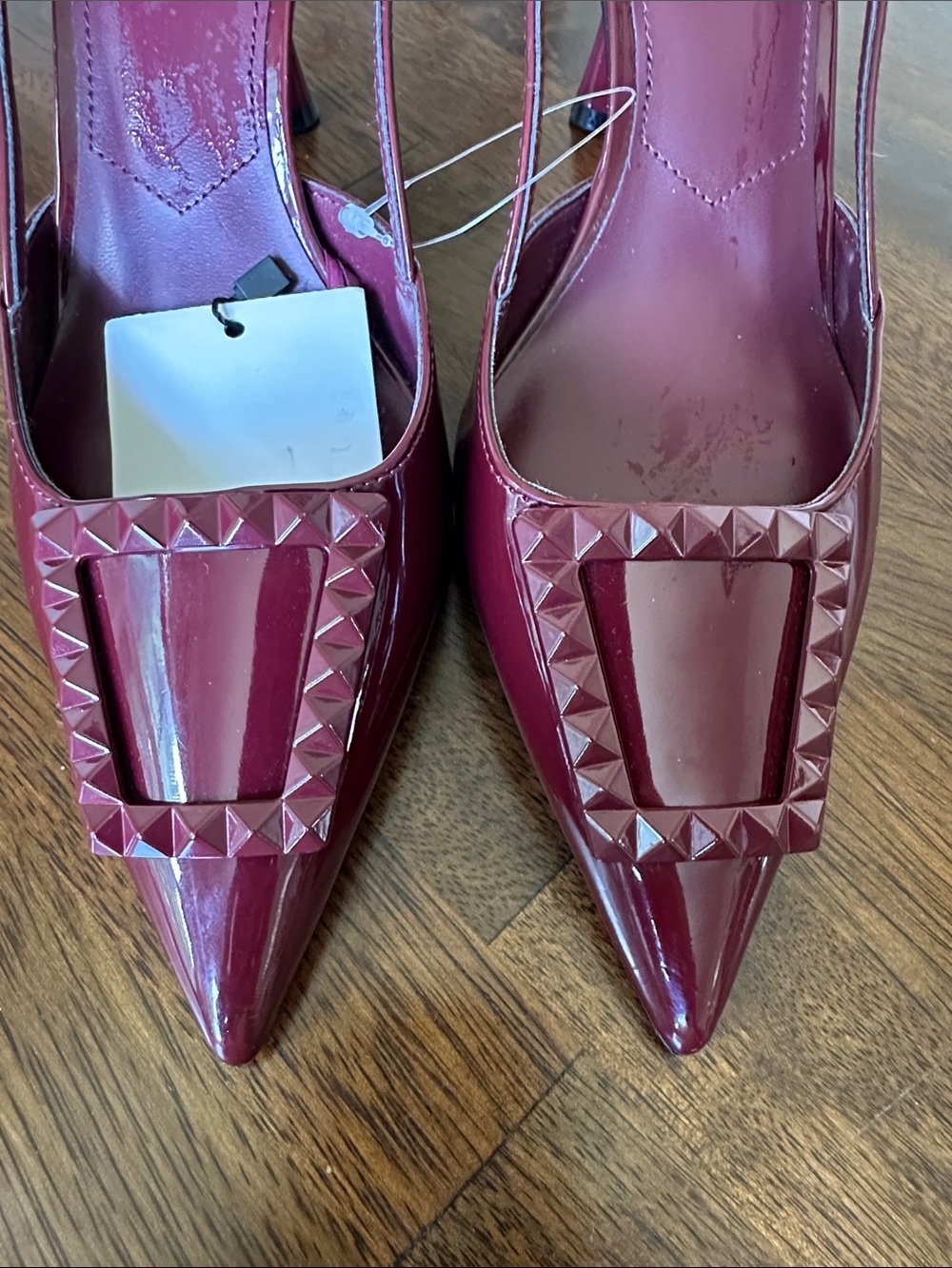 Mango Wine Red Patent Pointed Slingback Pumps with Studded Buckle - Picture 4 of 10